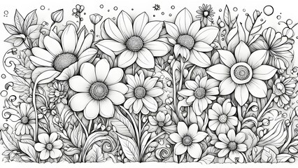 A detailed grayscale illustration showcases a vibrant array meticulously drawn flowers leaves, creating a lush intricate floral garden scene.