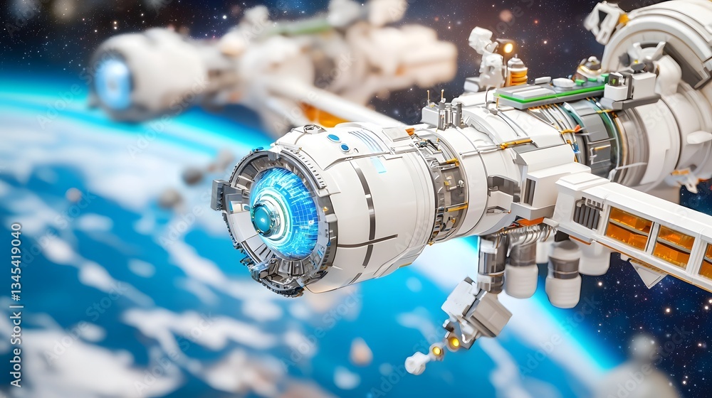 Poster highly detailed 3d rendering of a futuristic space based nuclear fusion power station orbiting the e