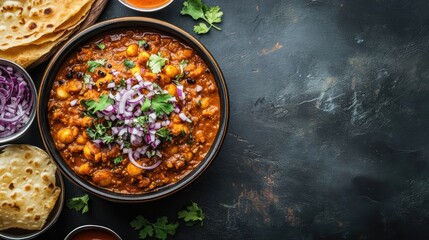 Delicious Indian Chickpea Curry with Breads and Fresh Ingredients