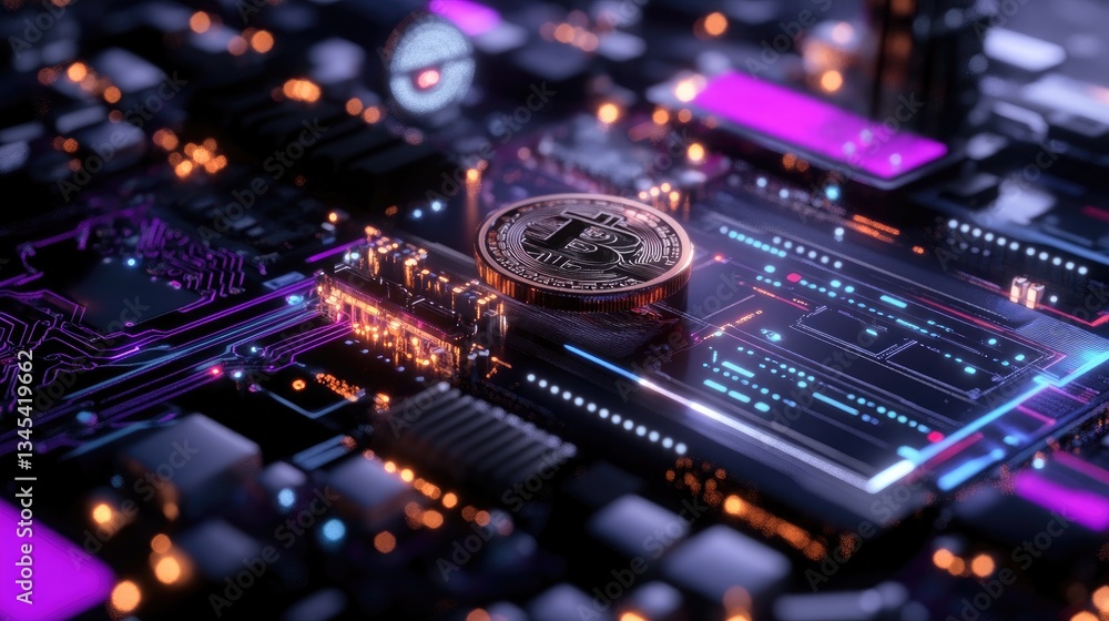 Poster cryptocurrency technology concept with bitcoin on circuit board