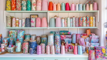 Fototapeta premium Vibrant Sewing Room with Pastel Fabrics and Decor