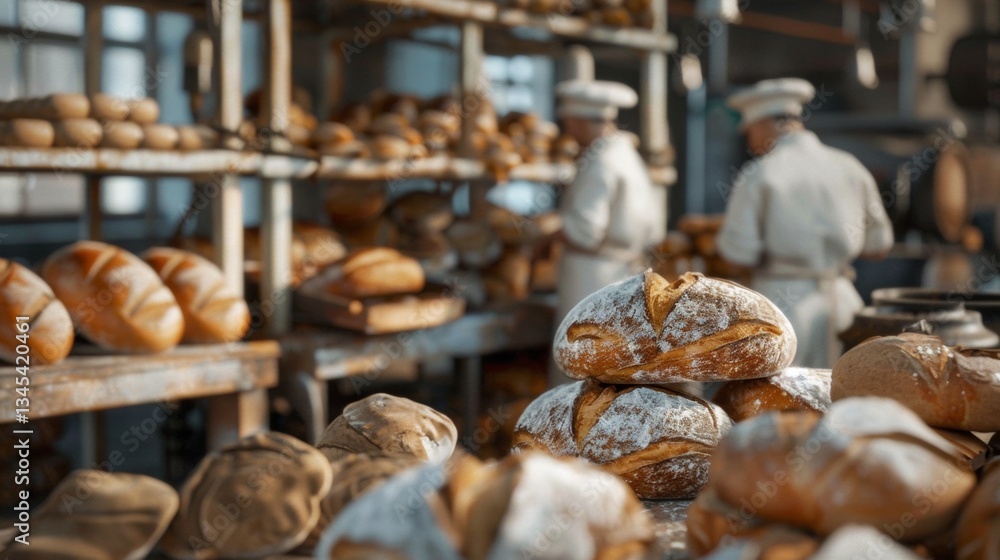Aufkleber bakery with busy bakers and fresh bread cooling on racks in a warm and inviting atmosphere generativ