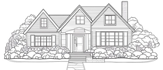 Obraz premium Charming Suburban Home with Gable Roof and Lush Landscaping Architectural Drawing Style Illustration