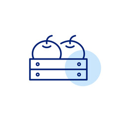 Orange in wooden crate. Organic vegetables, green farmer produce. Fresh groceries, shopping and vegetarian diet. Pixel perfect, editable stroke vector icon