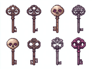 Pixel Art Vintage Keys with Skull Design