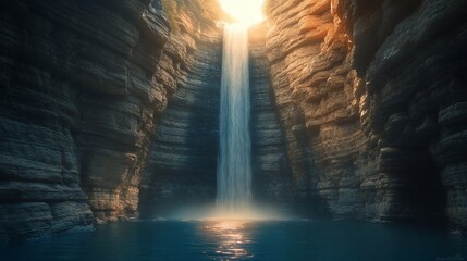 Sunlit waterfall cascading into a deep, serene pool within a narrow gorge