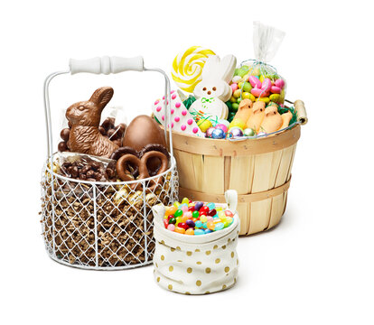Colorful Easter Candy and Chocolate Baskets