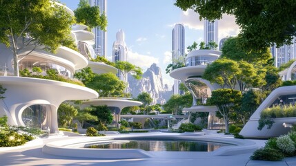 Futuristic Urban Landscape with Modern Architecture and Lush Nature