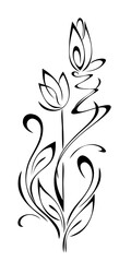 stylized decorative flowers on stems with leaves and curls; graphic design