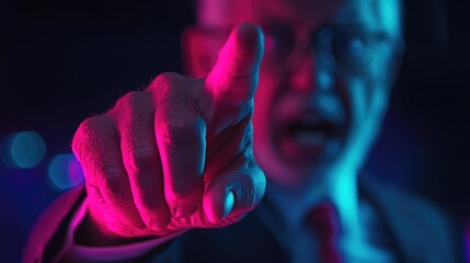 Dramatic Close-Up of a Man Pointing with Neon Lighting Effects