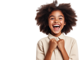 Joyful Child with Curly Hair Expressing Happiness and Excitement in Studio Portrait