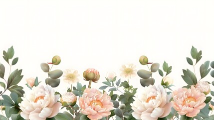 Obraz premium Seamless floral border pattern with finely detailed peonies and chrysanthemums on a neutral background creating an elegant and balanced composition