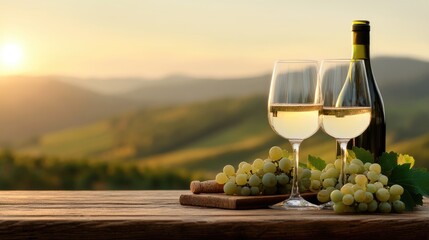 Fototapeta premium Serene Vineyard Sunset with Wine Glasses and Grapes on Rustic Table