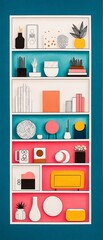 Colorful Geometric Shelf with Home Decor Objects and Artistic Items Minimalist Arrangement Design