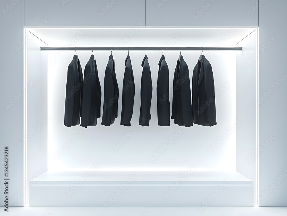 Poster stylish and sophisticated minimalist open wardrobe with neatly hung monochrome clothing displayed in