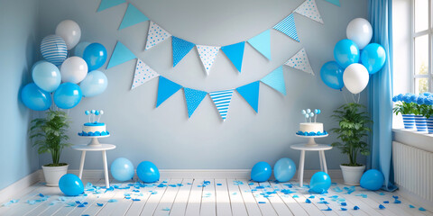 Birthday or gender reveal setup featuring pastel and baby blue theme with white and blue balloons confetti ideal for chic and vibrant celebrations interior design idea