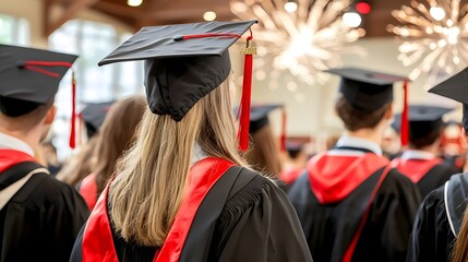 Thousands of students in black academic gowns gather in a stadium for a grand graduation ceremony as vibrant fireworks light up the sky in a spectacular display of academic achievement and