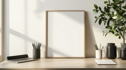 blank screen mockup. Minimalist Home Office Mockup with Empty Frame and Plant