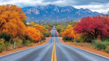 Autumn road through colorful trees to mountains