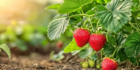Fresh Red Strawberries Growing in Garden with Green Leaves