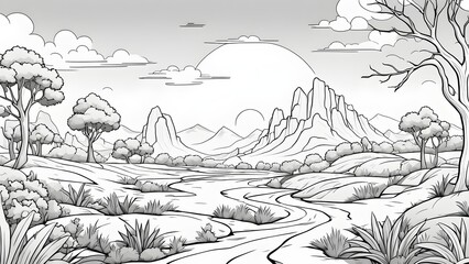 A grayscale illustration depicting a tranquil river meandering through a picturesque valley, framed mountains trees under a calm sky.