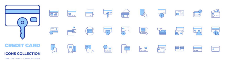 Credit card icons collection. Line Duotone style, editable stroke. card payment, credit card, business and finance, information, card, no credit card, no money