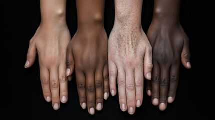 Diverse hands, various skin tones, on black background
