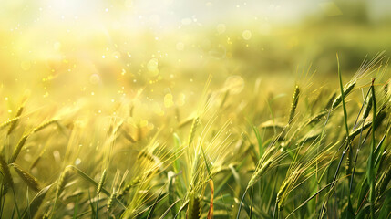 Fototapeta premium Golden wheat field swaying gently in the breeze under a warm, glowing sunlight backdrop