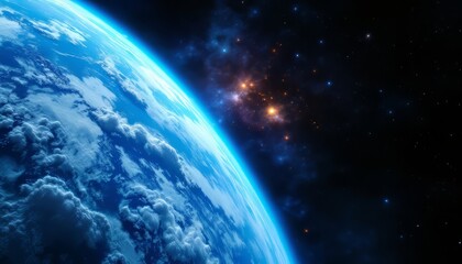 Earth From Space with Clouds and Starry Nebula Background View