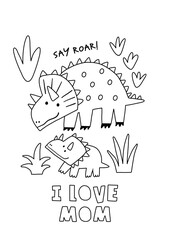 Big coloring page, cute Dinos. Vector activity for kids. Playful Dinosaurs.