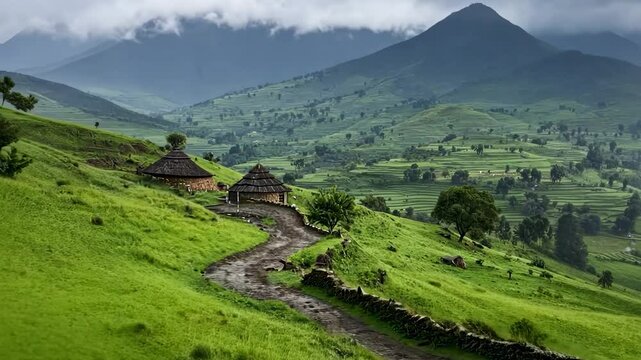 A rustic round hut with a thatched roof sits on a lush green hillside, with misty mountains in the background, evoking a serene rural atmosphere.