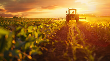 Tractor spraying crops at sunset in a vibrant agricultural landscape with golden light