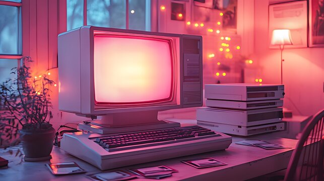 Retro computer glowing pink in cozy room, string lights, website design