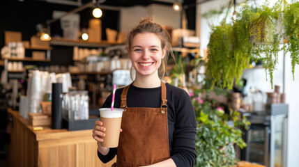 Sustainable Businesses, Close up of a white customer holding a drink with a paper straw sending to a customer in a cafe with copy space for text.