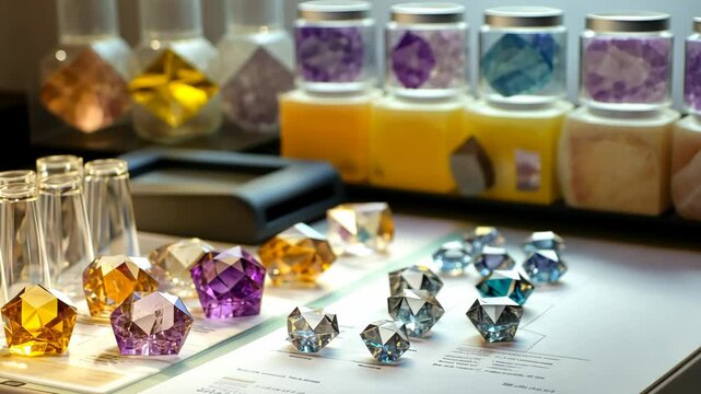 Close-up of diamond certification process, vibrant collection of stones and official documentation, professional workspace
