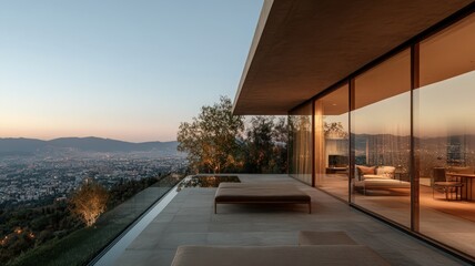 Fototapeta premium Modern House with Infinity Pool Overlooking City at Sunset