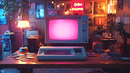 Obraz premium Retro computer, 80s room, night, pink screen, gaming