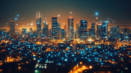Fototapeta premium Futuristic city at night, connected by digital network