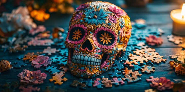 Colorful skull resting on jigsaw puzzle pieces with candlelight