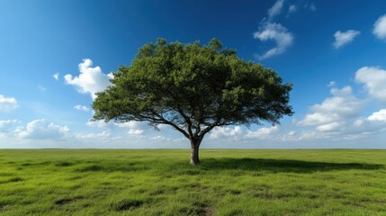Fototapeta premium Lone tree in a vast grassy plain under a vibrant blue sky. Lush green foliage against a field of fresh, short grass