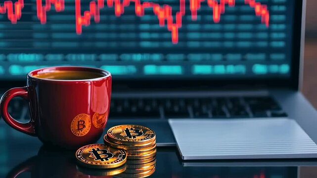 A red cup with a Bitcoin logo sits beside a stack of Bitcoin coins and a notebook, while a laptop in the background displays cryptocurrency market data.