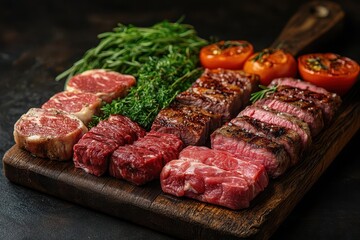 artisanal butcher shop display with premium cuts arranged on rustic wooden boards garnished with fresh herbs warm lighting highlighting marbling and textures