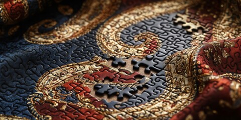 Jigsaw puzzle revealing intricate paisley pattern, creating a tapestry of shapes