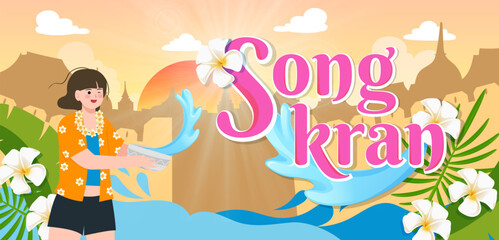 Celebrate Songkran Festival with Water Fun and Joy, vector illustration