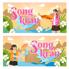 Set of Exciting Illustrations Celebrating Songkran Festival in Thailand, vector illustration