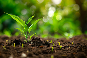 Fototapeta premium Young green plant emerging from rich soil with blurred greenery in the background