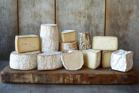 artisanal cheese board arrangement with variety of premium cheeses rustic wooden background soft natural lighting