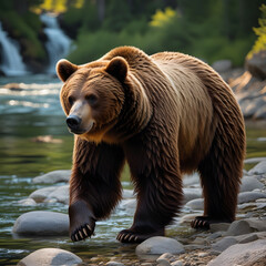 Obraz premium Capture the raw beauty of nature with this breathtaking image of a majestic brown bear walking along the rocky shore of a pristine river. Surrounded by lush greenery