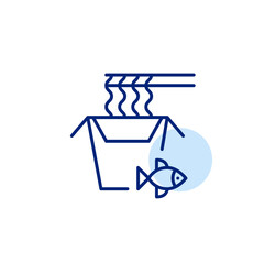 Box of instant noodles with fish flavour. Eating ramen with chopsticks. Fast food, takeaway, delivery or snacks on the go. Pixel perfect, editable stroke vector icon