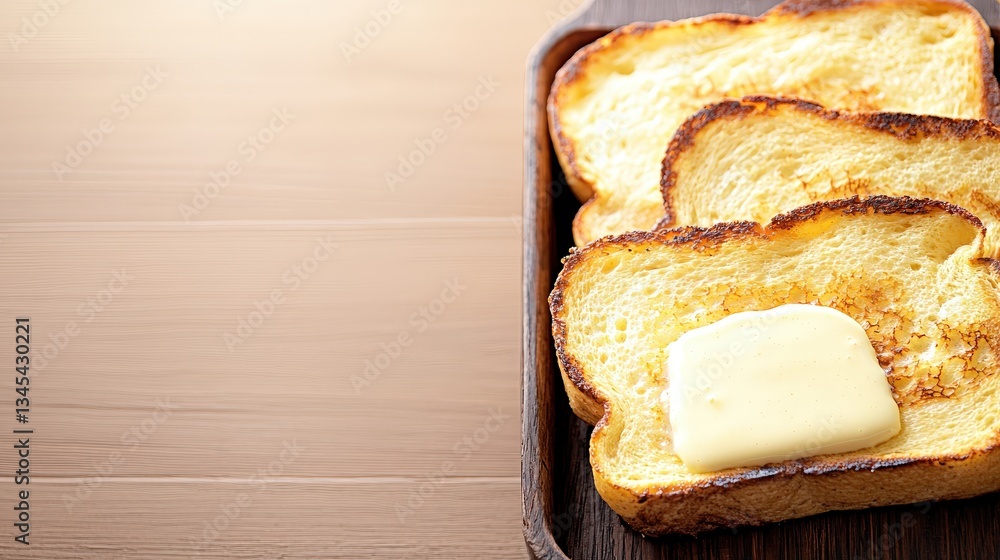 Aufkleber toasted slice of bread generously spread with creamy butter on a rustic wooden table setting